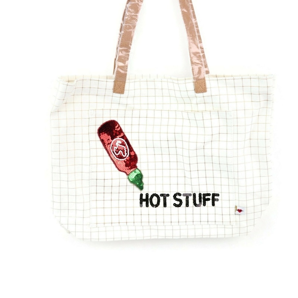 Bow‎ & Drape Tote Bag HOT STUFF Tabasco Red Black Sequins White Canvas $48 NWT